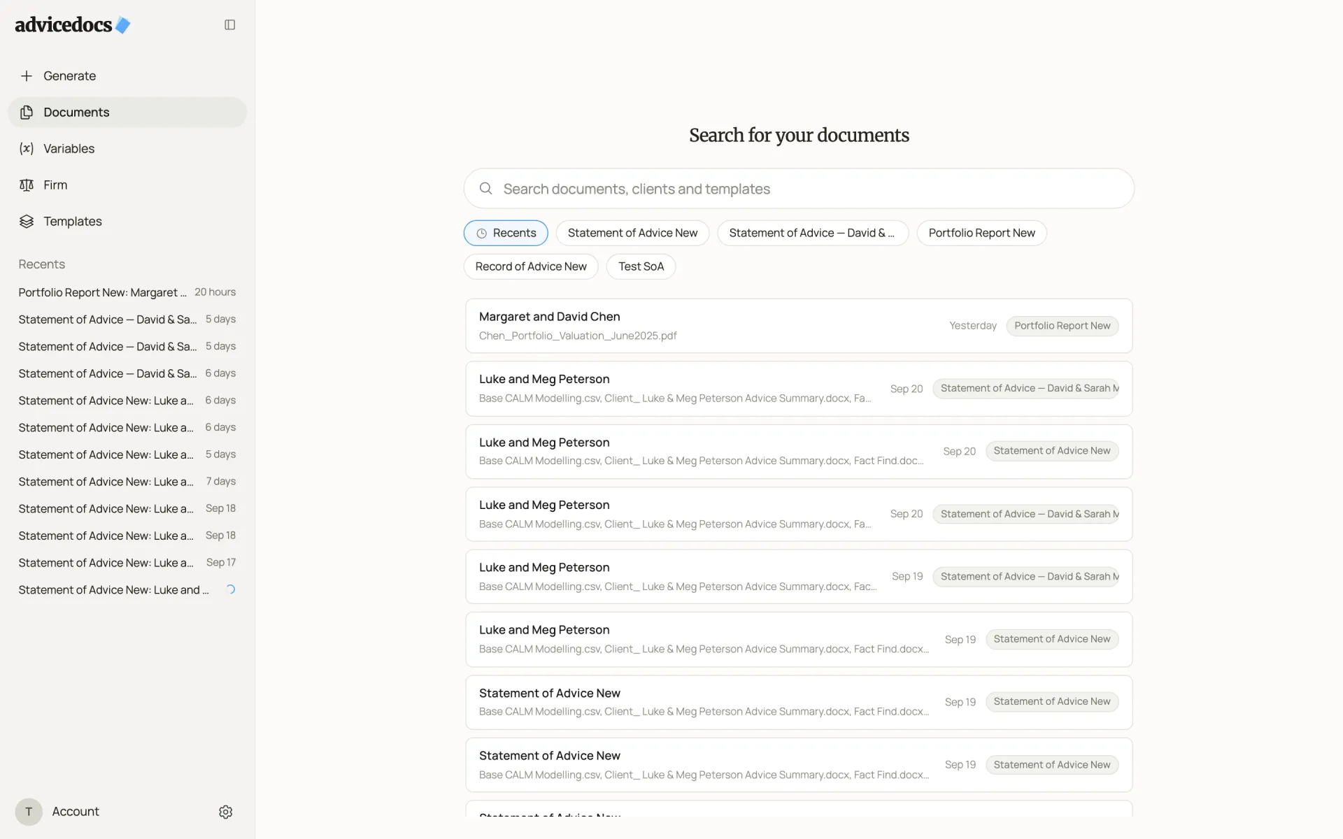 The new Documents page: the same search, filters and list, restyled on the warm canvas with grey template tags