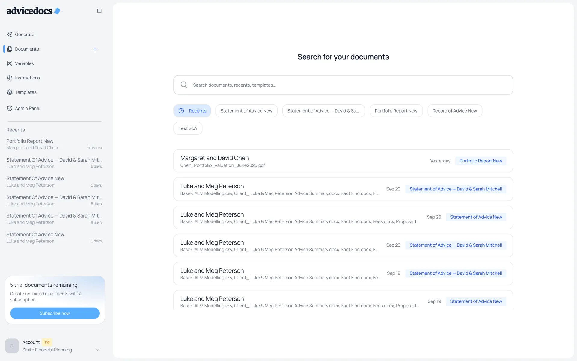 The previous Documents page: a search box, template filter chips and a list of documents in blue-accented rows