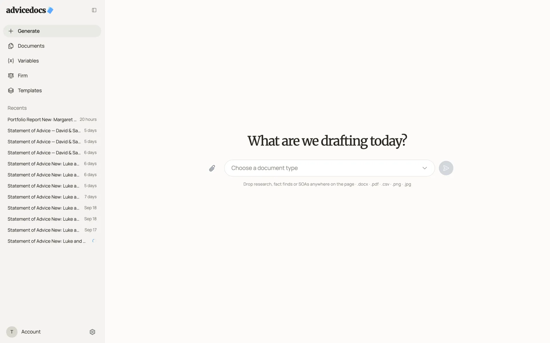 The new Generate screen: the question “What are we drafting today?” above a single document-type field, with the pill sidebar and Recents on the left