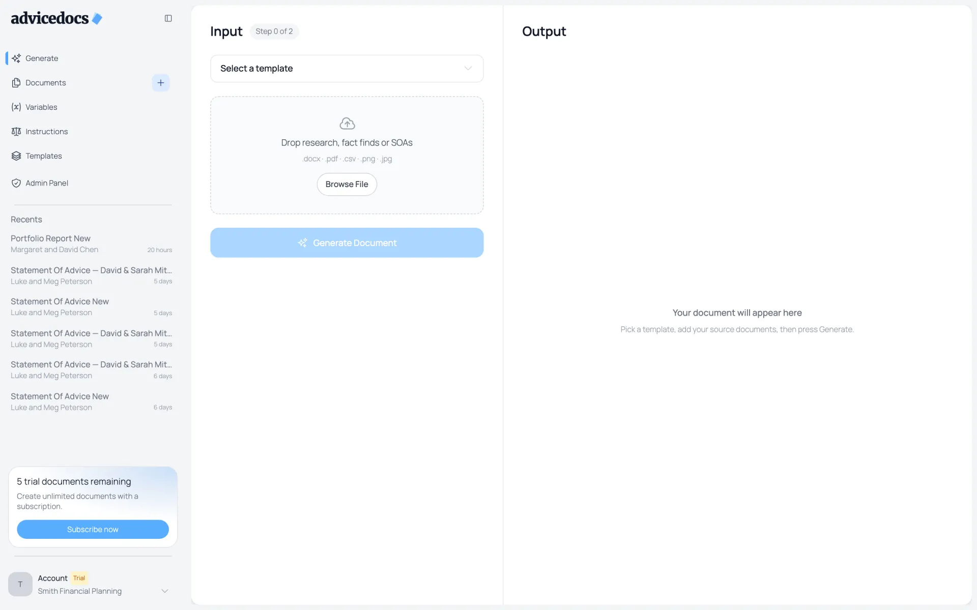 The previous Generate screen: an Input panel with a template dropdown, a file drop zone and a Generate Document button, beside an empty Output panel