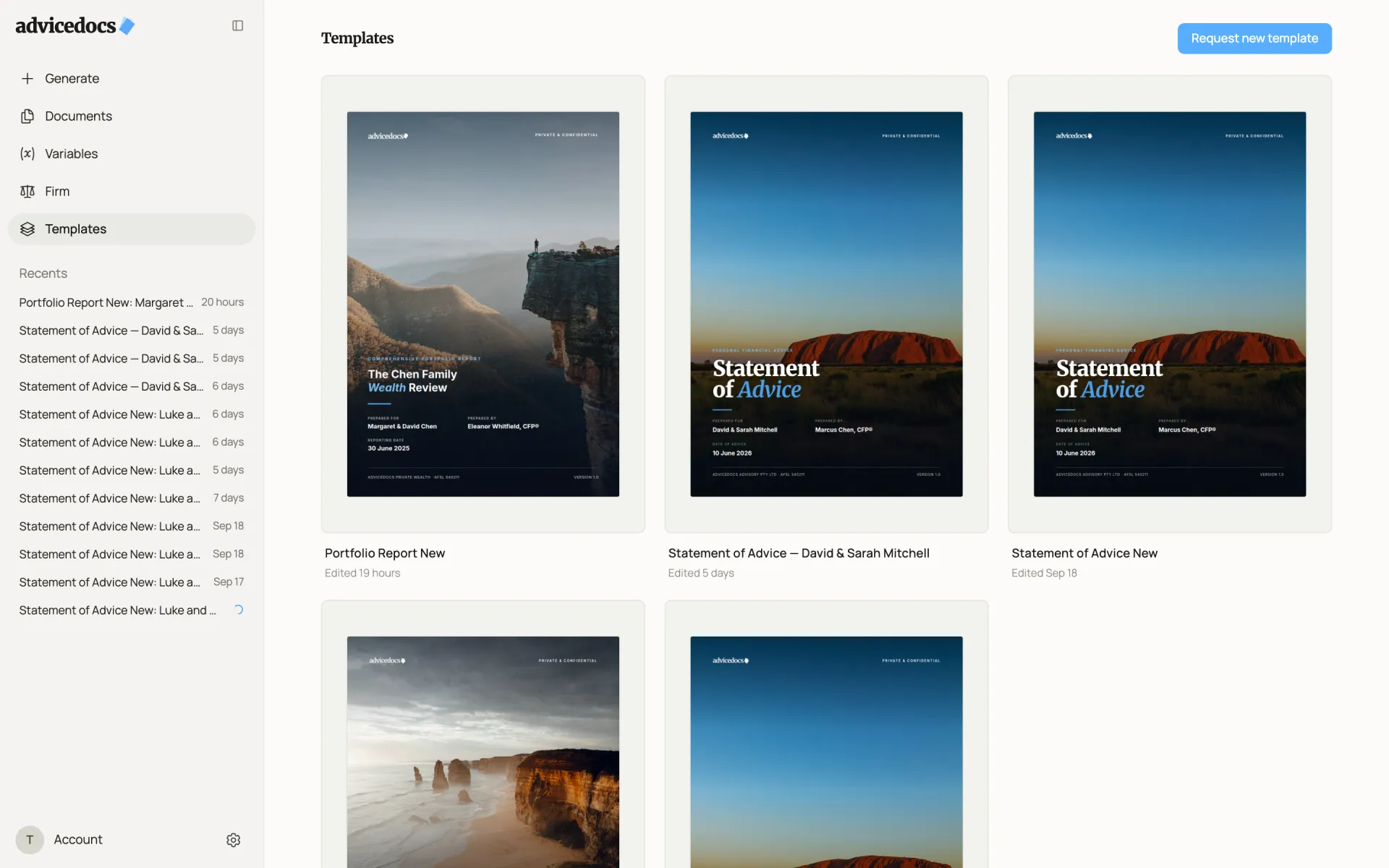 The redesigned AdviceDocs templates gallery: a warm off-white canvas, a pill-shaped sidebar with Recents, and large template covers