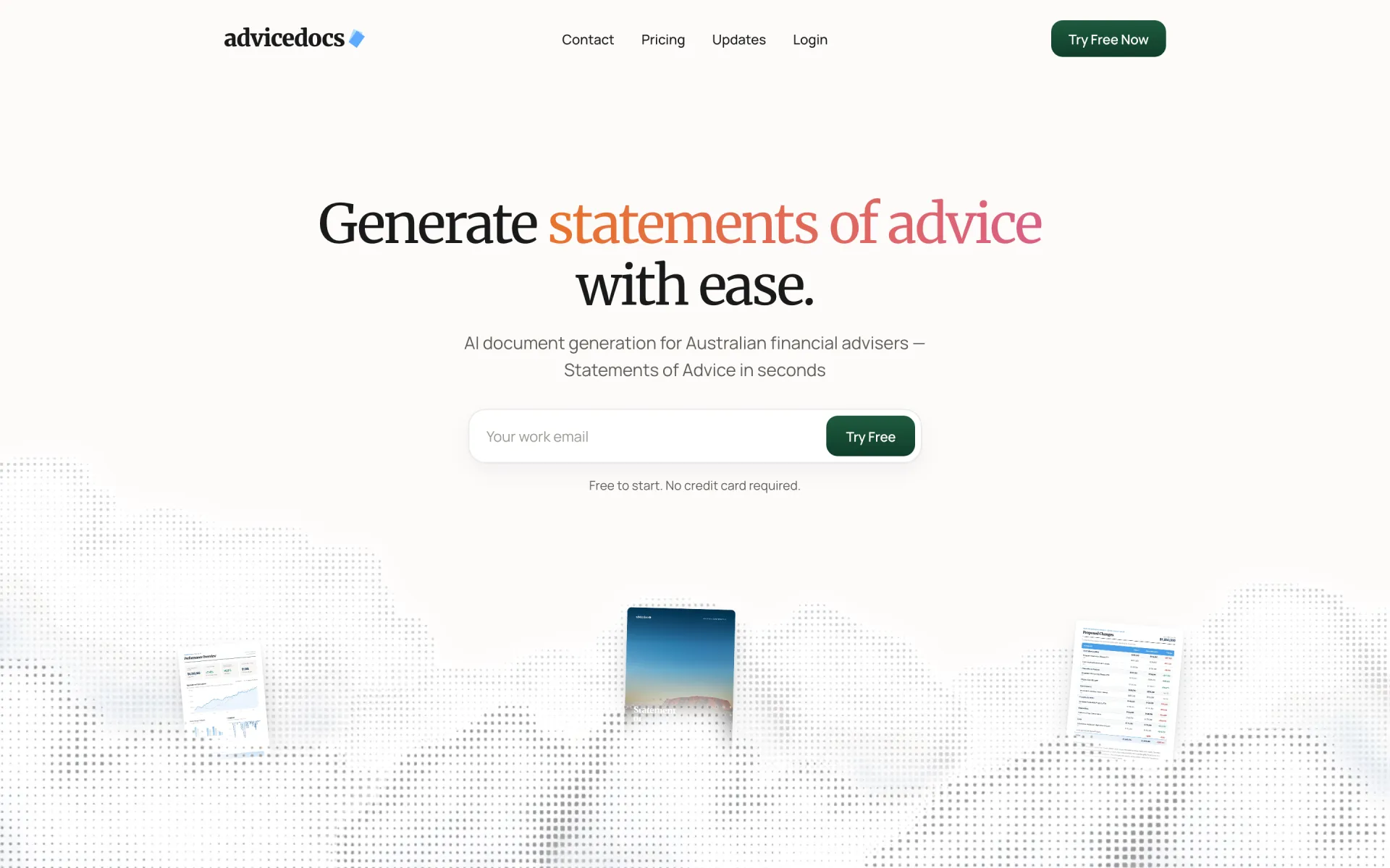 The new AdviceDocs homepage: a serif headline, a work-email field with a Try Free button, and floating document previews