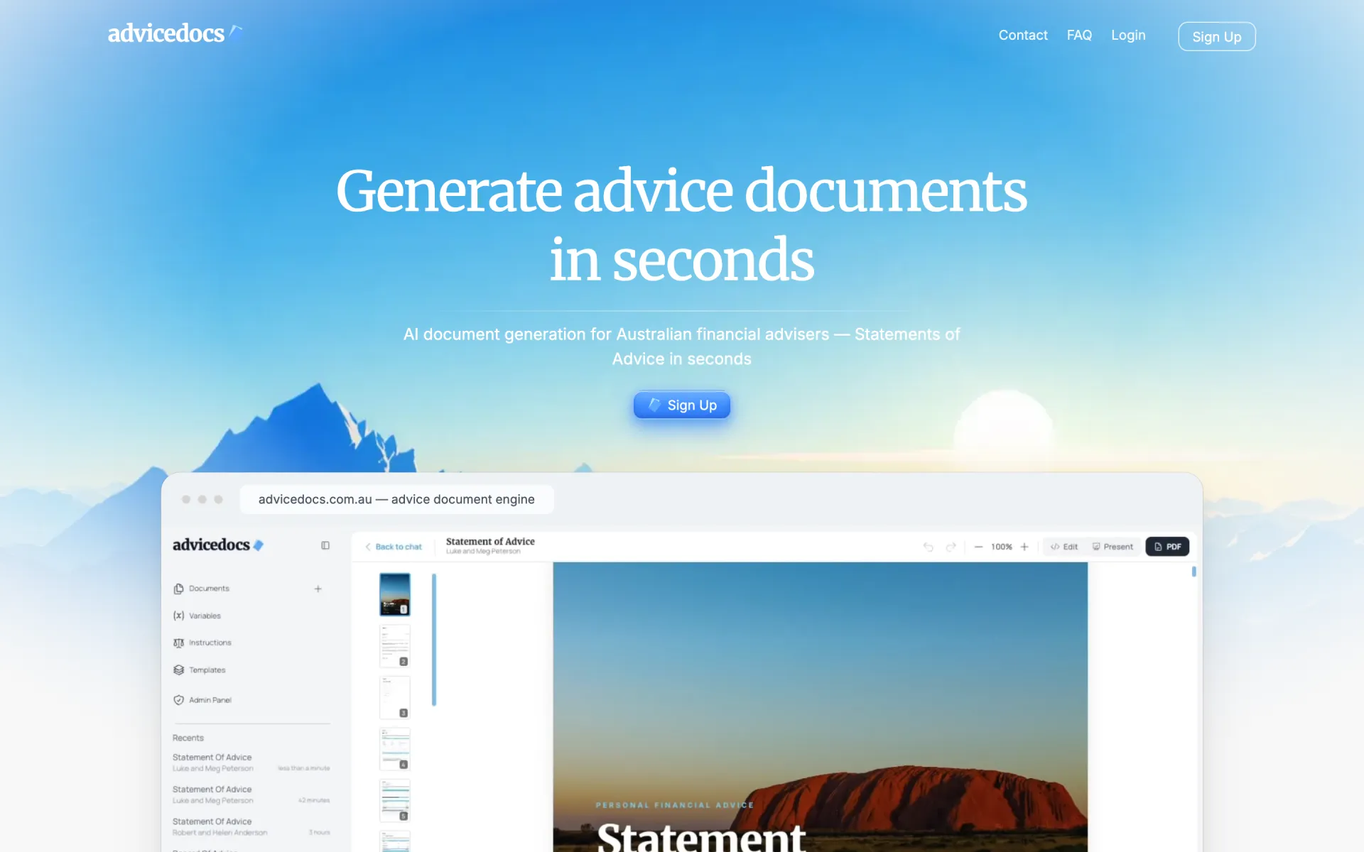 The previous AdviceDocs homepage: a blue sky and mountain hero with a Sign Up button above an app screenshot