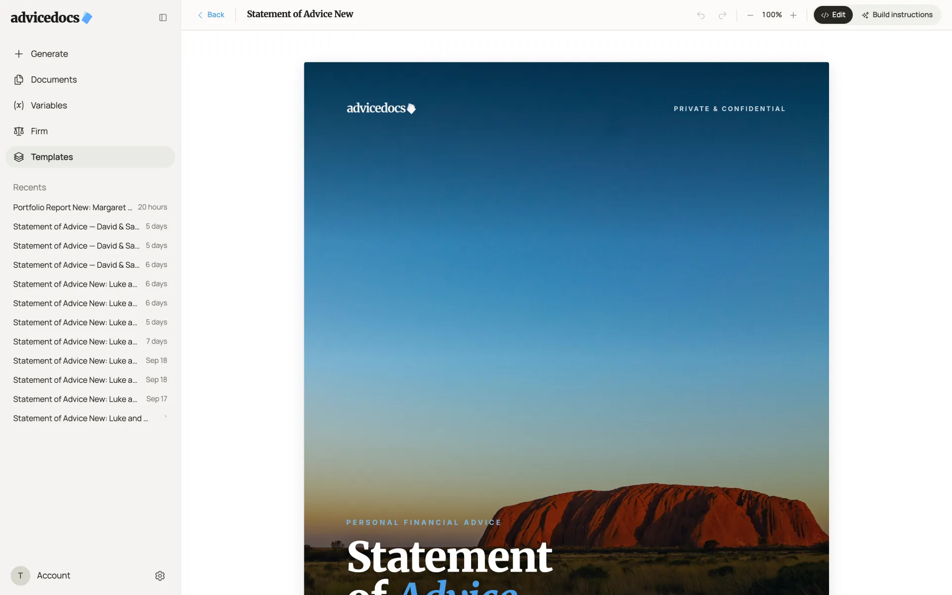 The new template editor: the Statement of Advice cover page centred on a white canvas with a single toolbar row above it