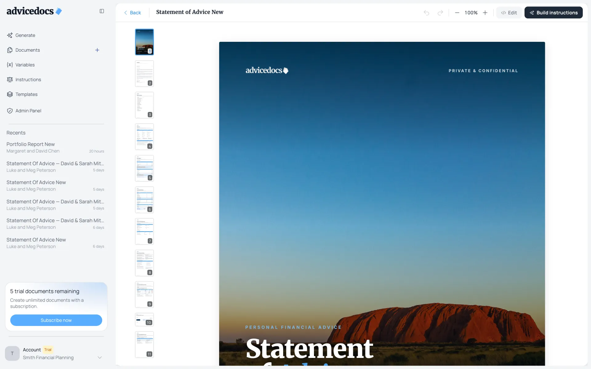 The previous template editor: a column of page thumbnails beside the Statement of Advice cover page