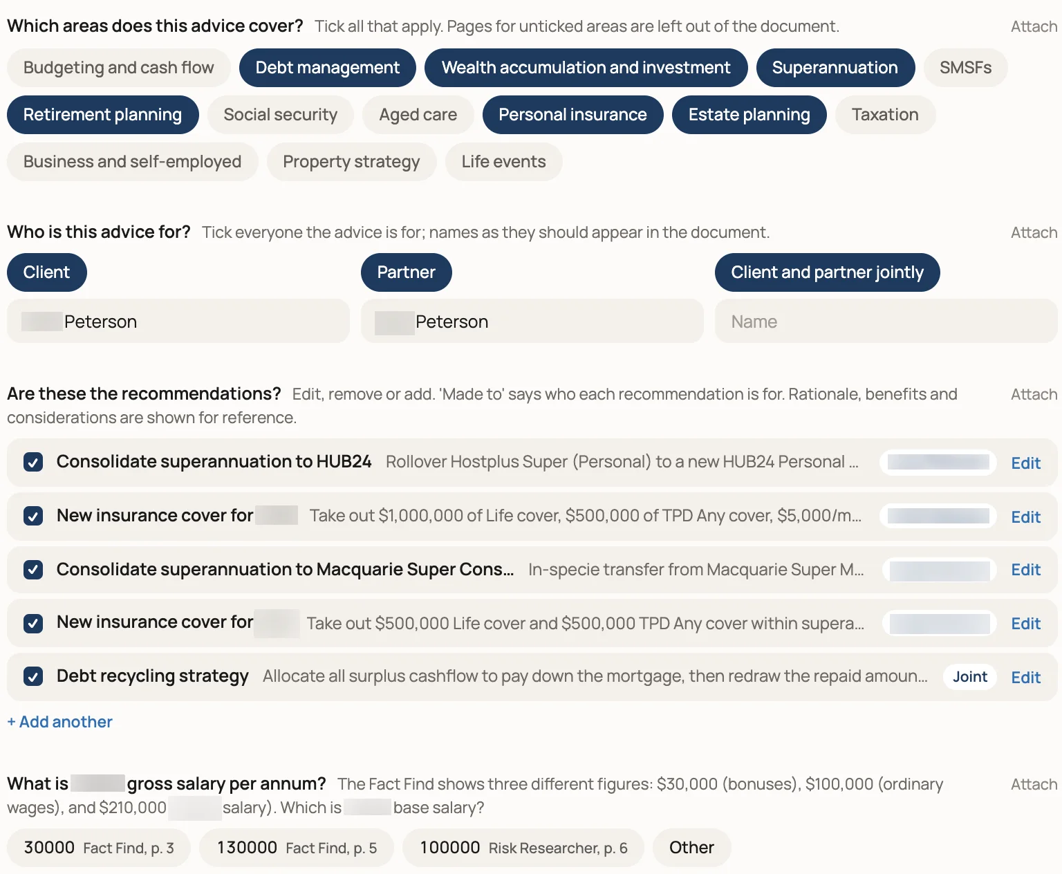 The AdviceDocs questionnaire: the advice areas in scope as toggles, the client and partner, five recommendations each tagged with who it is made to, and a salary question offering three figures, each citing the document and page it came from