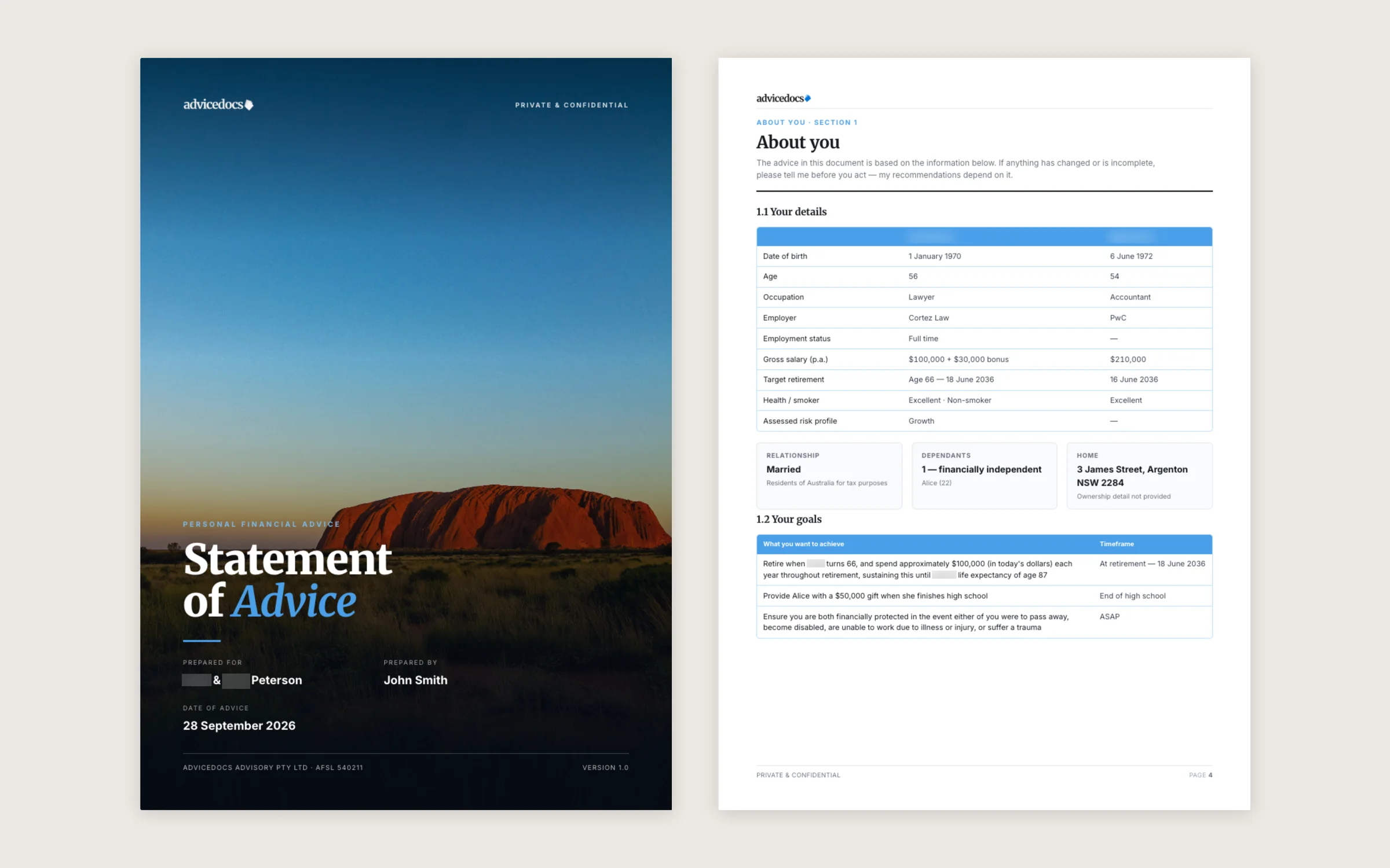 The cover page of a generated Statement of Advice, prepared for the clients by their adviser