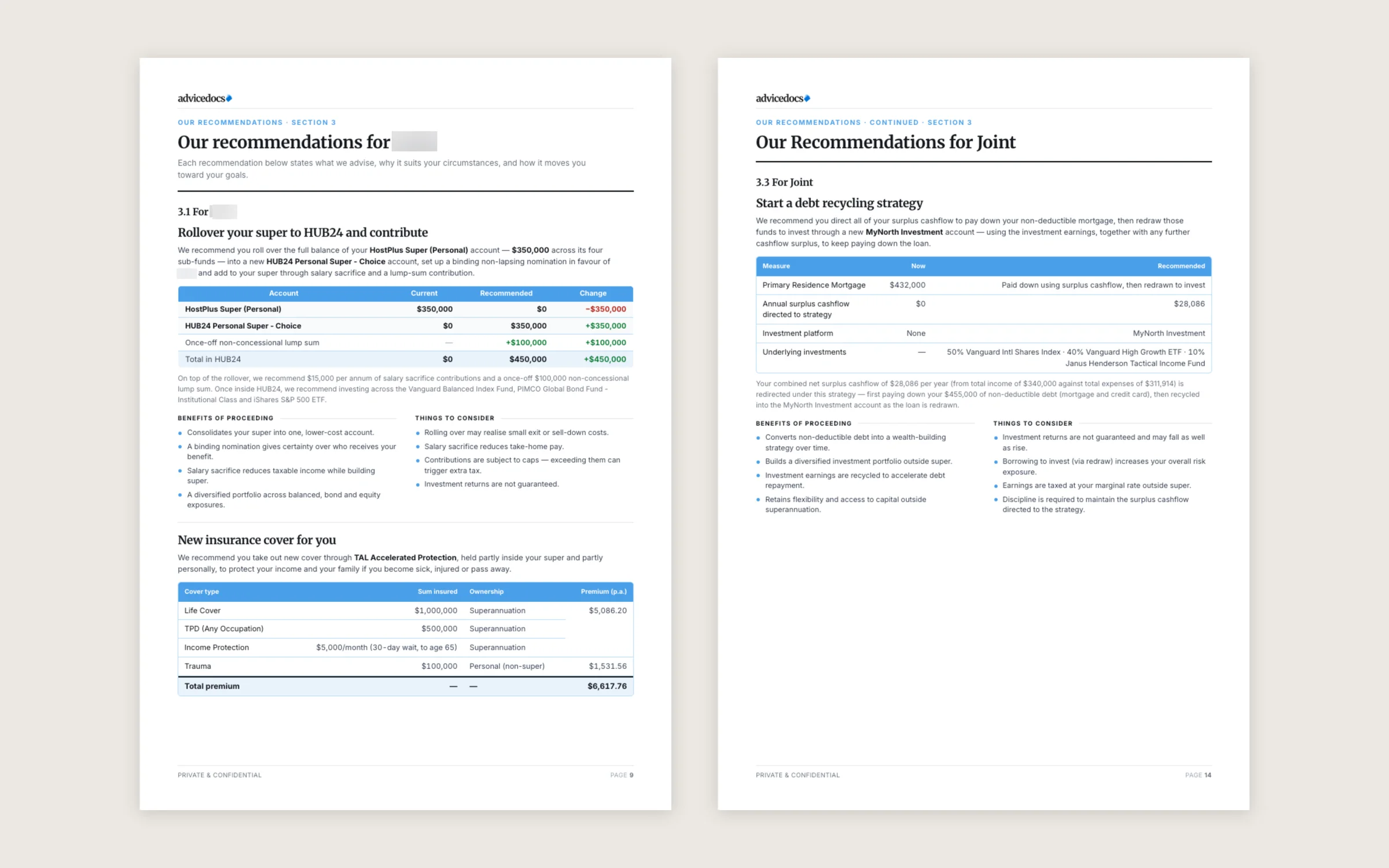 A recommendations page from the generated Statement of Advice
