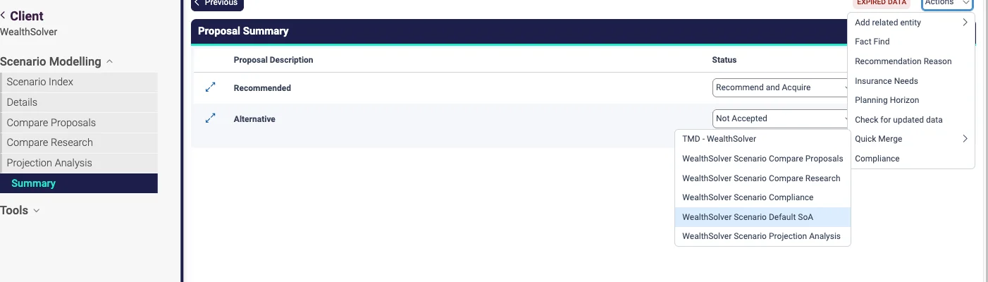 Xplan Wealth Solver proposal summary with the Actions menu open on Quick Merge, listing the WealthSolver Scenario Default SoA report
